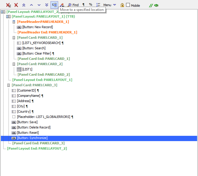Selecting the Synchronize button for moving into the Panel
Header for the Search Part.